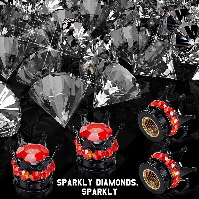 Frienda 4 Pieces Crown Tire Valve Stem Caps Bling Handmade Crystal Rhinestone Universal Chrome Crown Vehicle Car Tire Caps Covers, Attractive Accessories for Car (Red and Black) - Image 3